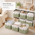 11x11 Inch Cube Storage Bins, 8 Pack Collapsible Fabric Storage Cubes with Rope Handles, Waterproof Foldable Storage Baskets for Cube Shelves, Closet, Clothes, Toys, Books, White & Green - Image 2