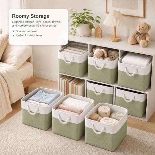 11x11 Inch Cube Storage Bins, 8 Pack Collapsible Fabric Storage Cubes with Rope Handles, Waterproof Foldable Storage Baskets for Cube Shelves, Closet, Clothes, Toys, Books, White & Green - Image 2