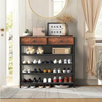usikey Shoe Rack, 5 Tier Shoe Storage Organizer with 2 Drawers, Metal Shoe Shelf for 16-20 Pairs of Shoes, with 4 Oxford Fabric Shelves and Wooden Top, Shoe Stand for Closet, Entryway, Rustic Brown - Image 2