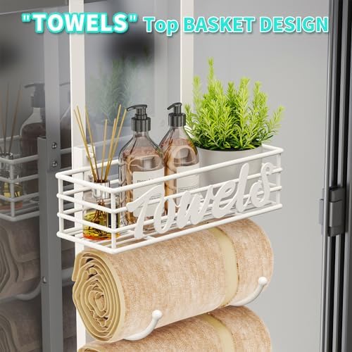 HapiRm Towel Racks for Bathroom Storage - 6 Tier Over The Door & Wall Mount Rolled Towel Storage Organizer Holder with Metal Shelf Basket for Small Bathroom, Camper, Rv - White, Patented - Image 3