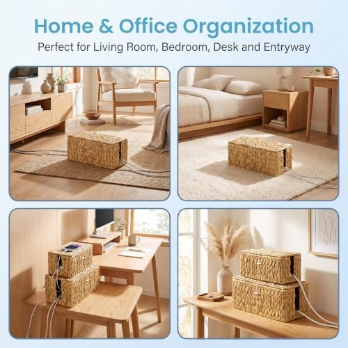 efluky 2 Pack Water Hyacinth Floor Cord Covers with Lid, Hand-woven Cable Management Box, 2 Open Slots Cord Box to to Hide USB Wire, Power Strip & Charger for Home & Office and Dorm, Natural - Image 7