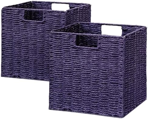 Vagusicc Wicker Storage Basket, Set of 2 Hand-Woven Wicker Basket, 11 inch Storage Basket, Foldable Cube Storage Organizer Bins, Storage Baskets for Organizing Shelves Decor, Purple (11″×11″×11″) by Vagusicc