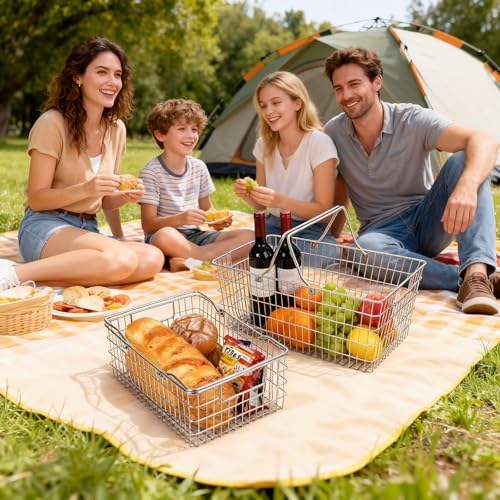 Wire Harvest Basket, Kitchen Organizers and Storage with Foldable Handle - 15.0"x9.8"x6.9" Portable Stainless Steel Picnic Baskets for Gathering Vegetables,Fruits,Kitchen,Garden,Picnic&Shopping (1, L) - Image 2