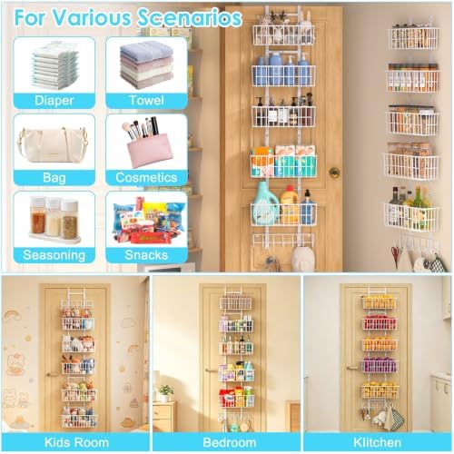 Hongtamoya Over The Door Organizer, Hanging Door Organizer with 5 Metal Baskets, Behind The Door Storage for Pantry Closet Bedroom Bathroom Cabinet Kitchen, White - Image 7