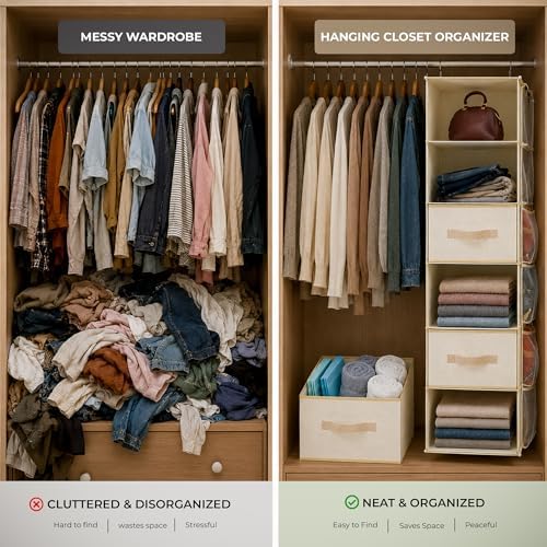6-Shelf Hanging Closet Organizer With Drawers – Foldable 6 Tier Hanging Closet Shelves for Clothes, Shoes & Purse Hanging Storage Organizer with 3 Separable Drawers & 6 Large Mesh Pocket (Beige) - Image 3