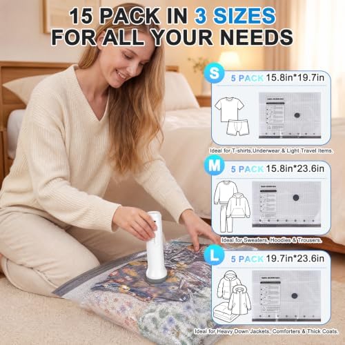 Vacuum Storage Bags for Travel with Rechargeable Cordless Pump, Space Saver Compression Bags for Clothing, Luggage Packing and Seasonal Storage(15 Combo Travel Size) - Image 3