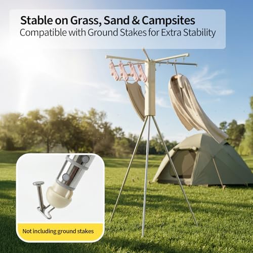 BIREN Foldable Clothes Drying Rack Tripod Clothes Rack with Clips Heavy Duty Laundry Rack Portable Clothing Racks for Travel, Camping, Hotel, Apartment, 6 Poles - Image 6