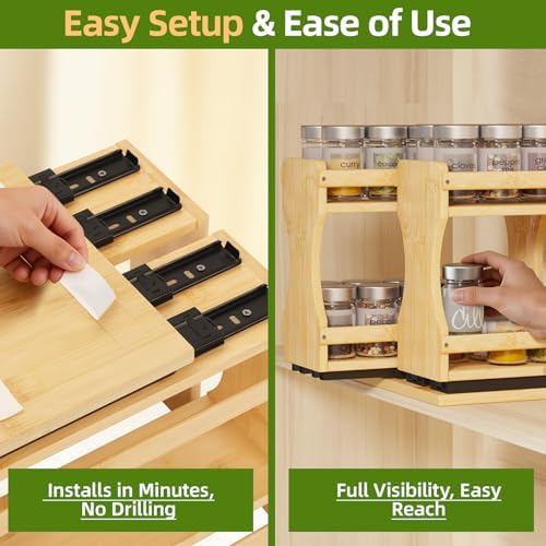 BAMEOS Pull Out Spice Rack Organizer for Cabinet, Bamboo Wide 9" Slide Out Seasoning Organizer for Kitchen, No Drill Anti-Tip Ball Bearing Silent Glides, Pantry Cabinet Organizer, Natural - Image 7