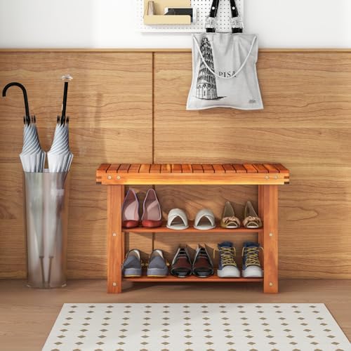 Tangkula Acacia Wood Shoe Rack Bench, 3 Tier Sturdy Storage Organizer, Holds up to 180lbs for Entryway Bedroom Living Room Balcony, Teak Color (27.5-inch) - Image 2