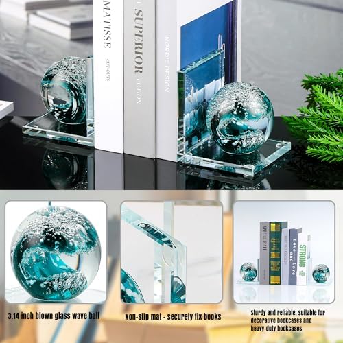 Glass Book Ends for Shelves, Dark Blue Hand Blown Sea Wave Ball, Set of 2 - Image 2