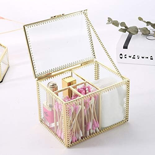 Vintage Golden Glass Lidded Box Qtip Holder Dispenser Jewelry and Cosmetic Makeup Organizer for Cotton Ball, Cotton Swab, Q-Tips, Cotton Pad, Makeup Brush, Cosmetics, Jewelry - Image 3
