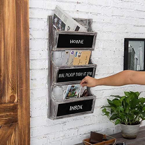 MyGift Wall Mounted Torched Solid Wood Magazine and Mail Holder Organizer Rack with 3 Slots and Chalkboard Labels - Image 3
