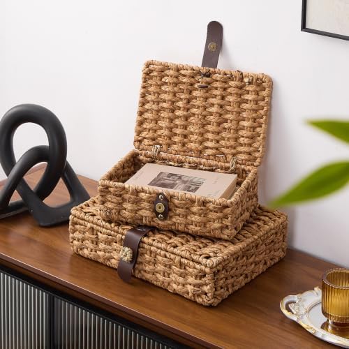 Decorative Box with Lid, Wicker Storage Basket, Water Hyacinth Woven Decorative box for Shelf, Coffee Table, Console Table, Home Decor (Small) - Image 4