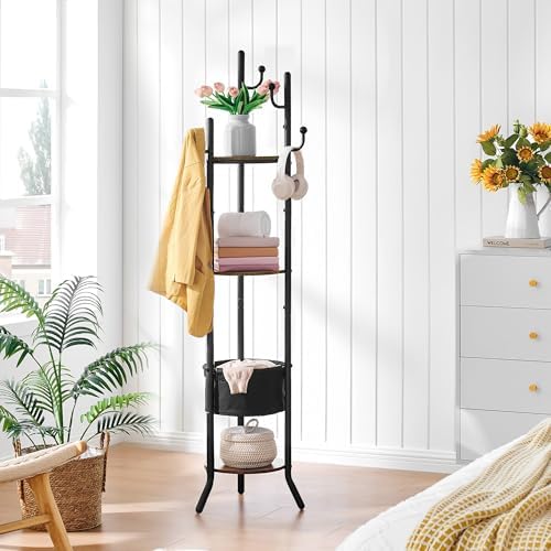 Hoctieon Coat Rack Freestanding, Round Coat Rack with 3 Wooden Shelves and 1 Fabric Basket, Metal Clothes Tree with 5 Hooks, Coat Hanger Stand for Clothes, Hats, Bags, Brown and Black - Image 6