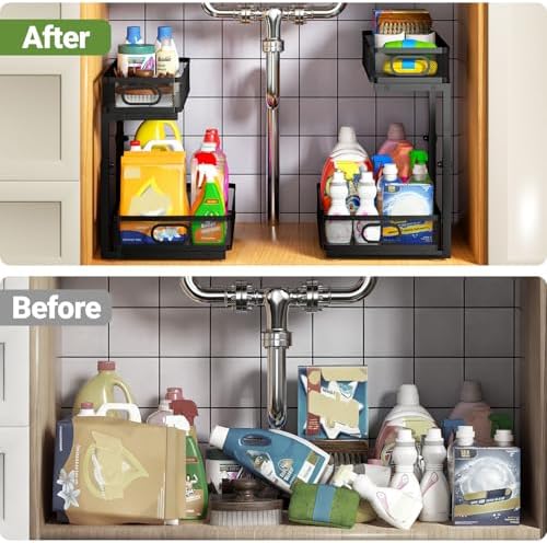 Under Sink Organizer 2-Pack, 2-Tier Pull-Out Cabinet Organizer with Adjustable Height, Metal Under Sink Storage Rack for Kitchen Bathroom Pantry Cabinets, Black - Image 5