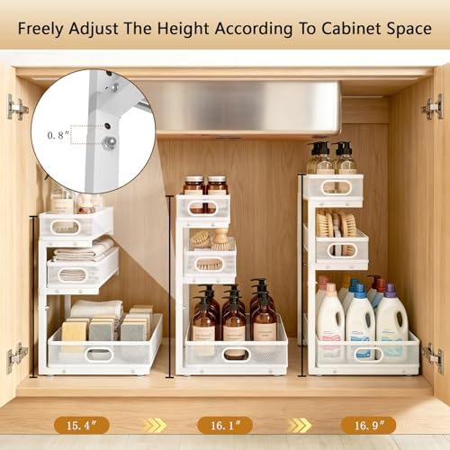 Under Sink Organizer, 2-Pack 3-tier Under Sink Storage Organizer Adjustable Height Easy Assembly Pull Out Cabinet Organizers Basket for Bathroom Kitchen Pantry Home Organization - Image 5