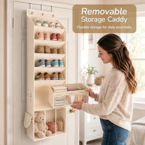 3in1 Over The Door Shoe Organizer with 5 Slanted Compartments,Removable Storage Bin & Transparent Pockets,Thickened Waterproof Oxford Fabric Shoes Rack for Shoes,Boots,Toys,Daily Essentials. (Beige) - Image 3