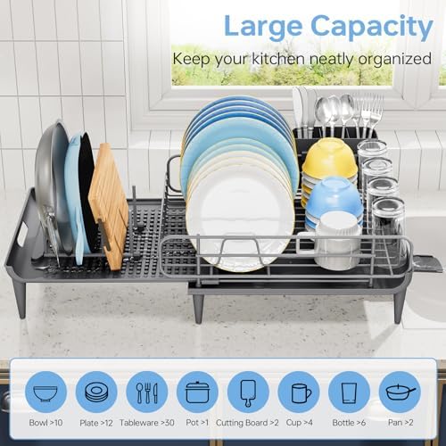 TOOLF Large Dish Rack for Kitchen Counter,16.7-26.8in,Stainless Steel,Grey - Image 6