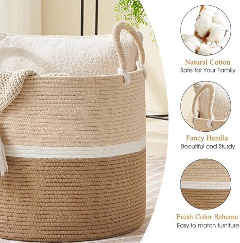 KAKAMAY Large Blanket Basket (18"x18"x16"),Woven Baby Laundry Hamper for Storage, Cotton Rope Blankets Baskets for Nursery, Laundry, Living Room, Pillows, Baby Toy chest with Handles (Light Brown) - Image 2