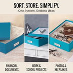 Bigso Oskar Fiberboard Label Frame Document Letter Box - File Organizer Box for Important Paperwork - Document Storage with a Lid & Label Window - 3.3 in x 10.2 in x 13.8 in - 3 Pack - Turquoise - Image 6