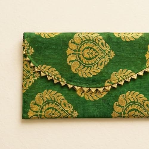 LoveNspire Brocade Fabric Money Envelopes (8 x 4 Inch) Decorative Floral Pattern Shagun Lifafa for Indian Wedding, Birthday | Cash Gift Holder & Home Savings Organizer Green/Pack of 10 - Image 3