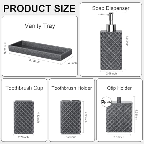 Bathroom Accessories Set Resin 6PCS, Square Toothbrush Holders Set Complete with Soap Dispenser, Vanity Tray, Tumbler, Cups and Cotton Swab Jars (Gray Diamond, Resin Bath 6 PCS) - Image 2