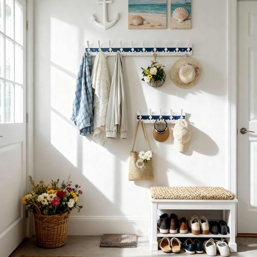 SKOLOO Coastal Coat Rack Wall Mount-38-1/8 Beach House Entryway Wooden Coat Hook with 10 Hooks for Hanging Coats, Hats or Towels, Oceanfront Cottage Core Collection, White & Blue, Pack of 2 - Image 5