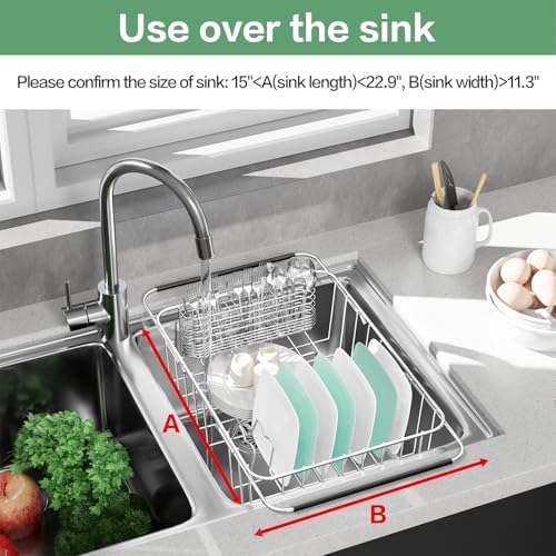 Fanbsy Large Dish Drainer Rack in Sink Adjustable, Expandable 304 Stainless Steel Metal Dish Drying Rack Organizer with Stainless Steel Utensil Holder Over Inside Sink Counter, Rustproof - Image 4