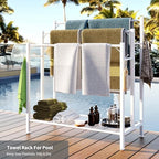 HavenlyYouth 3 Tier Free Standing Towel Rack, Pool Towel Rack with Metal Shelf for Outside, Blanket Drying Holder for Display and Storage in Bathroom, 35.8" H x 31.5" L x 11.8" W, White - Image 3