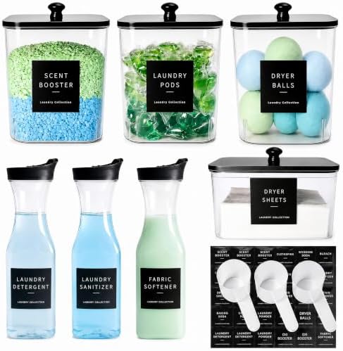 4+3 Pack Laundry Pods Containers & Dryer Sheet Holder & Laundry Detergent Dispenser, Laundry Room Organization and Storage Jars with Lids, Labels and Scoops for Scent Booster, Powder, Pods by Unknown