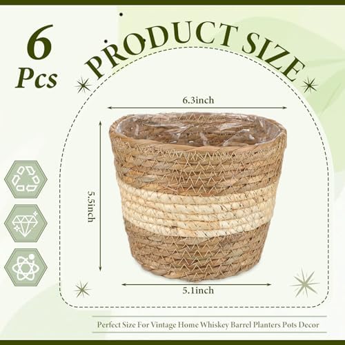 AceOrbit 6 Pcs Wicker Plant Basket Bulk with Liners Woven Planter Baskets Bulk for Indoor Outdoor Seagrass Plants Woven Wicker Baskets for Flower Pots Cover and Room Decor (Small,Bohemian) - Image 3