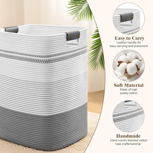 Laundry Hamper, 95L Tall Laundry Basket with Leather Handles, Rectangle Large Clothes Hamper for Organizing, Cotton Woven Laundry Baskets Storage Hampers for Bedroom, Nursery, Living Room - Image 6