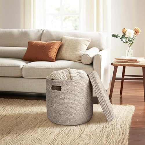 Storage Basket with Lid, Woven Blanket Storage for Living Room, Soft Cotton Rope Bin with Lid, Round Wicker Laundry Basket with Cover, Lidded Kids Dog Toy Bin, Nursery Organizer, 15" x 13" - Image 6