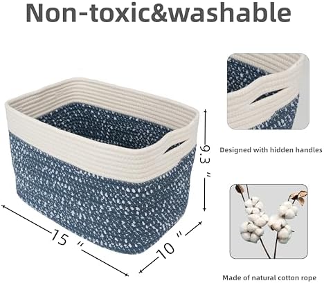 XUANGUO Woven Cotton Rope Storage Baskets 15x10x9.3" 3 Pack White and Blue - Image 2