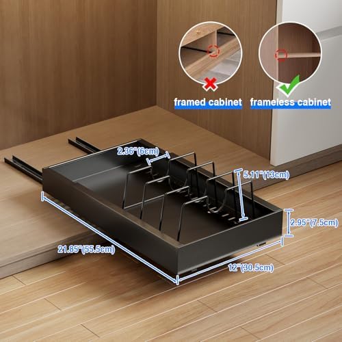 Mustorn 2 Pack Pull Out Cabinet Organizer with 8 Dividers,21.8" Deep Slide Out Drawers for Cabinets Adhesive Pull Out Drawers Heavy Duty Pull Out Shelves for Kitchen, Cupboard, Pantry, Bathroom-Black - Image 6