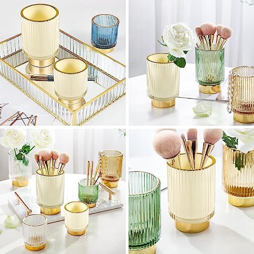 DASITON Makeup Brush holder Organizer,Crystal Cosmetic Makeup Brush Glass Brushes Storage Holder, Vintage Make Up Brush Cup Pen Pencil Holder striped vase(Cream S+L) - Image 4