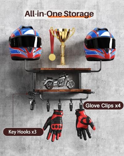 Motorcycle Helmet Holder Wall Mount, 2 Tier Helmet Rack with 2 Hat Stands - Image 4