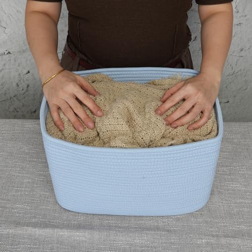 XUANGUO Woven Cotton Rope Storage Baskets 15x10x9.3" 3 Pack Light Blue - Image 3