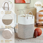 Laundry Basket,Woven Cotton Rope Laundry Hamper,Versatile Storage for Dirty Clothes,Baby Toys,and Blankets in Bathroom, Nursery,and Living Room (Brown, 100L) - Image 2