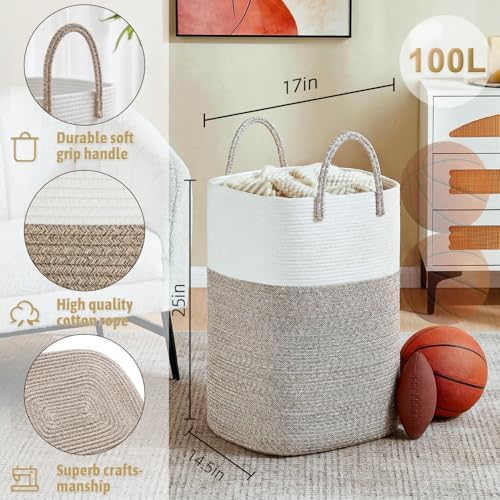 Laundry Basket,Woven Cotton Rope Laundry Hamper,Versatile Storage for Dirty Clothes,Baby Toys,and Blankets in Bathroom, Nursery,and Living Room (Brown, 100L) - Image 2