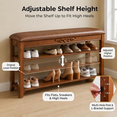 Shoe Rack Bench Entryway Storage with Leather Cushion, 47.2" - Image 4
