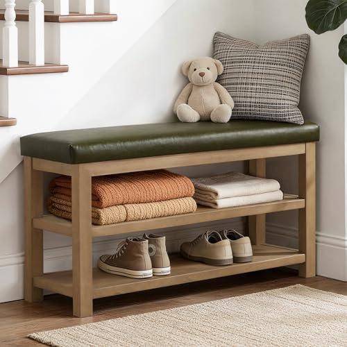 Zihanhome Shoe Rack Bench with Leather Cushion, 2 Tier Solid Wood Storage Bench, Mid-Century Modern Shoe Bench for Entryway, Hallway, Closet, Front Door Entrance, Foyer (Green, 46.5) - Image 4