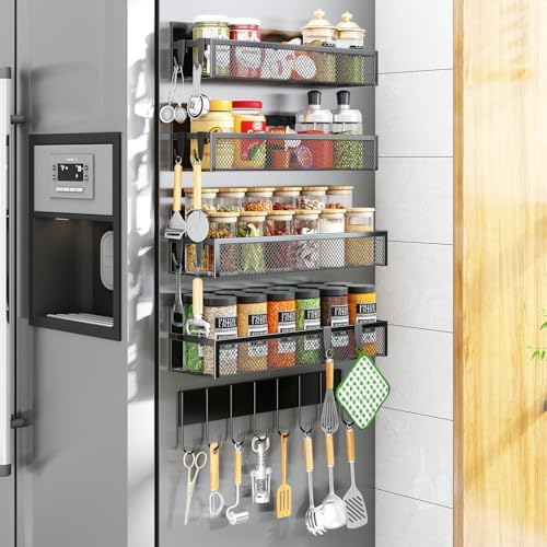 Aufworld Magnetic Spice Rack for Refrigerator, 5 Pack Magnetic Shelf, Moveable Magnetic Fridge Organizer with an 8-Hook Rack, Seasoning Organizer for Kitchen Organization (Extra with 8 Hooks) by Unknown