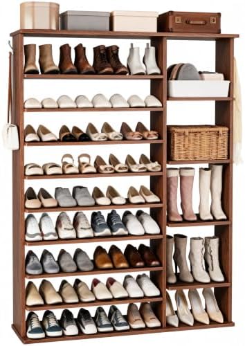 HOMEFORT 10 Tiers Shoe Rack, 50 Pairs Large Shoe Shelf, 61.8" Tall Shoe Tower, Freestanding Shoe Rack Organizer with Open Shelves, Wood Shoe Stand for Boot Storage, for Closet, Entryway, Walnut by HOMEFORT