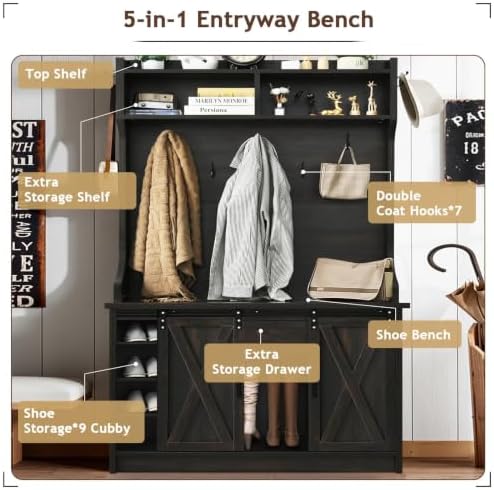 4ever2buy Farmhouse Hall Tree with Bench & Shoe Storage，Oak - Image 3