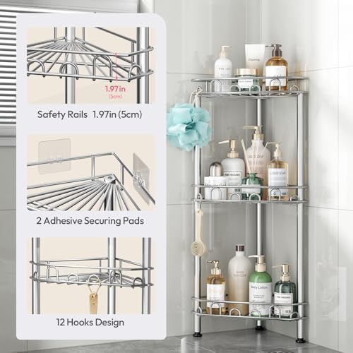 SWTYMIKI Standing Shower Caddy Corner - 3‑Tier Stainless Steel Shower Organizer Shelf with 12 Hooks and Adhesive Pads, Rustproof Corner Shelves Stand Rack for Bathroom Shower Room, Silver - Image 4