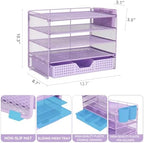LEKETREE Desk Organizers and Accessories, 5-Tier Paper Letter Tray Organizer with Drawer & 2 Pen Holders, Desktop Organizer for Office Supplies (Purple) - Image 2