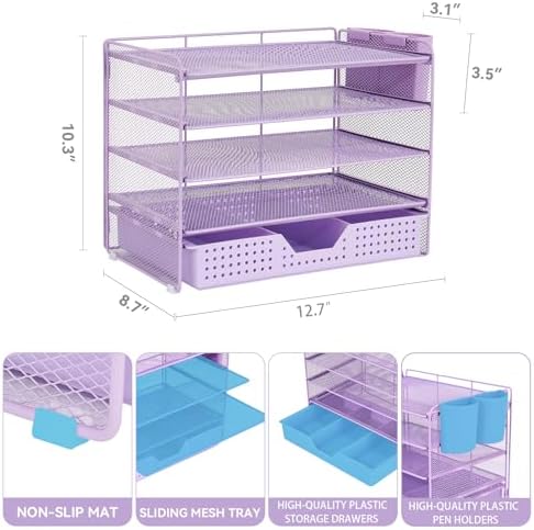 LEKETREE Desk Organizers and Accessories, 5-Tier Paper Letter Tray Organizer with Drawer & 2 Pen Holders, Desktop Organizer for Office Supplies (Purple) - Image 2