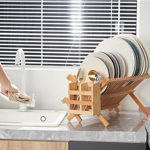 NOVAYEAH Bamboo Dish Drying Rack-2 Tier, Collapsible Small Dish Rack with Utensil Holder, Wooden Drying Rack for Kitchen Counter, Apartment Essentials Kitchen Plate Holder Organization 34 pcs Grid - Image 3