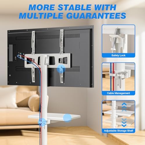 Rfiver Rolling TV Stand with Shelf for 23-65 inch TVs up to 88lbs White - Image 6